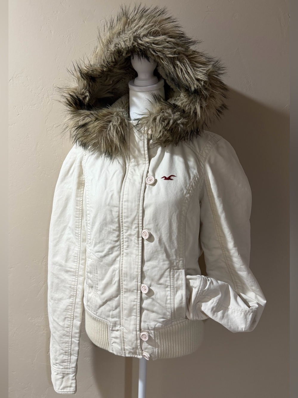 Hollister Cream Faux-Fur Lined Hooded Bomber Parka Jacket - Picture 3 of 10